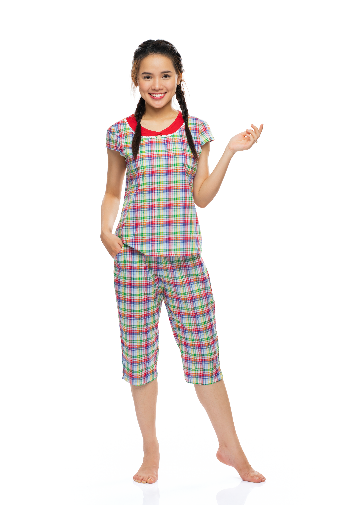 Đồ bộ mặc nhà nữ, set quần áo lửng ngố thời trang Quế Lâm chất 100% cotton thoáng mát, họa tiết kẻ sọc - Q44219130