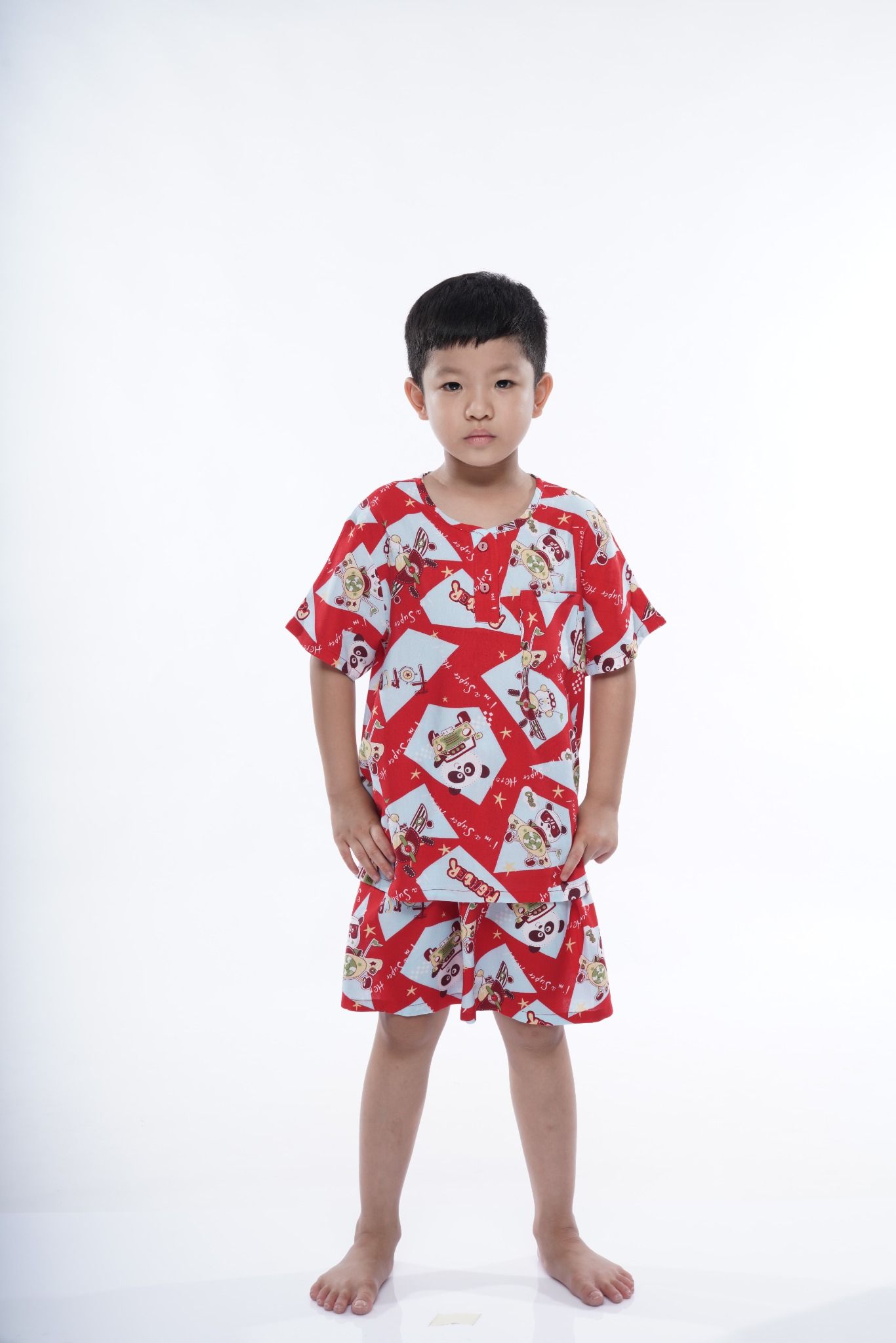 Đồ bộ mặc nhà bé trai vải lanh quần ngắn áo cổ tròn họa tiết chú gấu dễ thương - Q33112302