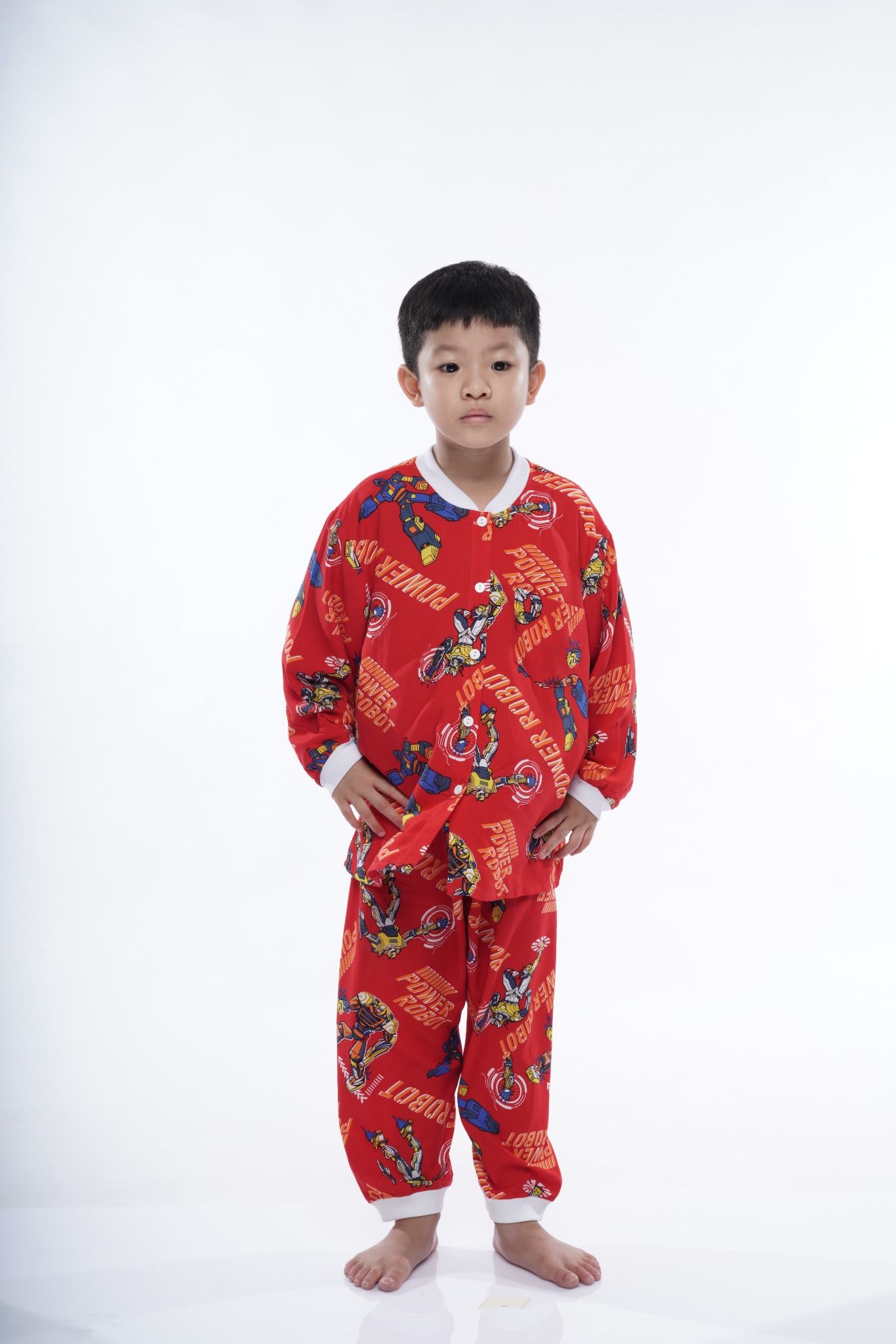 Q35112302- Đồ bộ mặc nhà bé trai vải lanh quần dài áo cổ tròn họa tiết siêu nhân