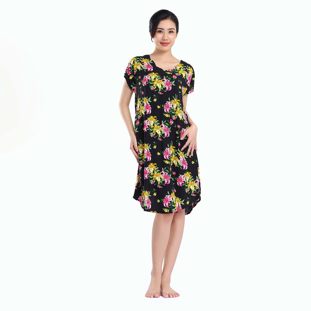 Váy nữ mặc nhà tay cánh dơi dáng rộng vải Rayon mát mềm in hoa bản to sắc nét tôn da nhiều kích cỡ - Q47119020