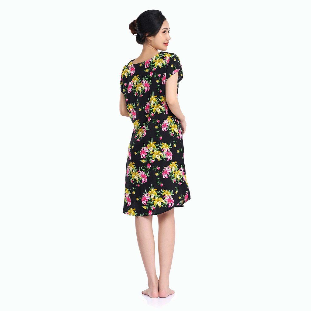  Q47119020 - Váy ngủ nữ mặc nhà, đầm trung niên tay cánh dơi dáng rộng vải Rayon mát mềm in hoa bản to sắc nét tôn da nhiều kích cỡ 