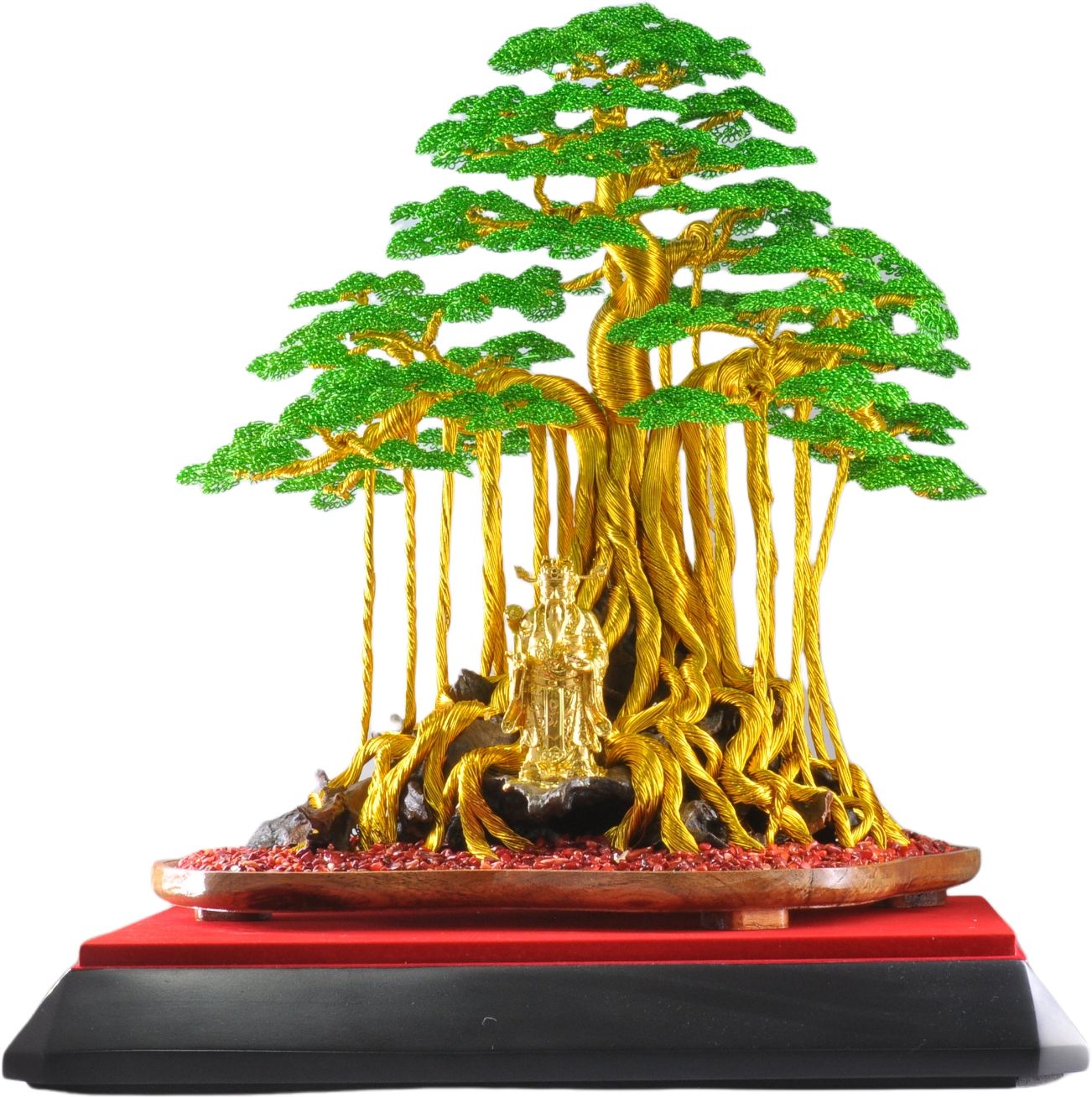  Tiểu cảnh Thần Tài thếp vàng bonsai cổ thụ, đế gỗ, mica 