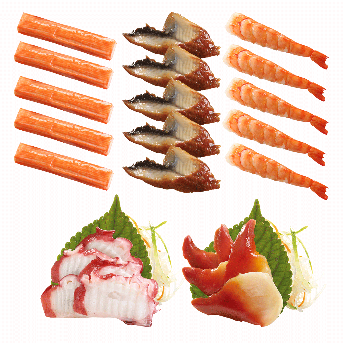 Set 55B 5 Loại Sashimi B (Đã Chín) (Lươn Nhật, Thanh Cua, Bạch Tuộc, Sò Đỏ Hokkigai, Tôm Sú) (25 Miếng/Phần)