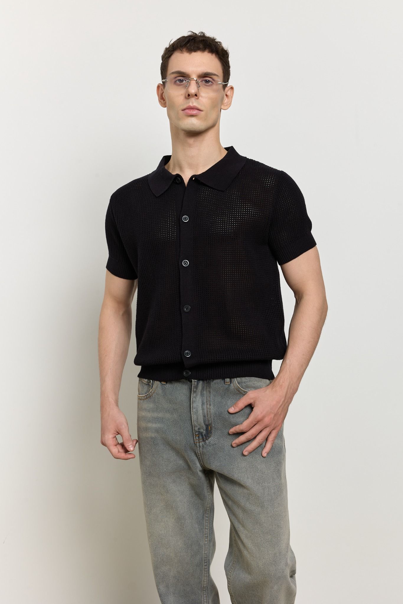 HOLES WOOL KNIT SHIRT - Black