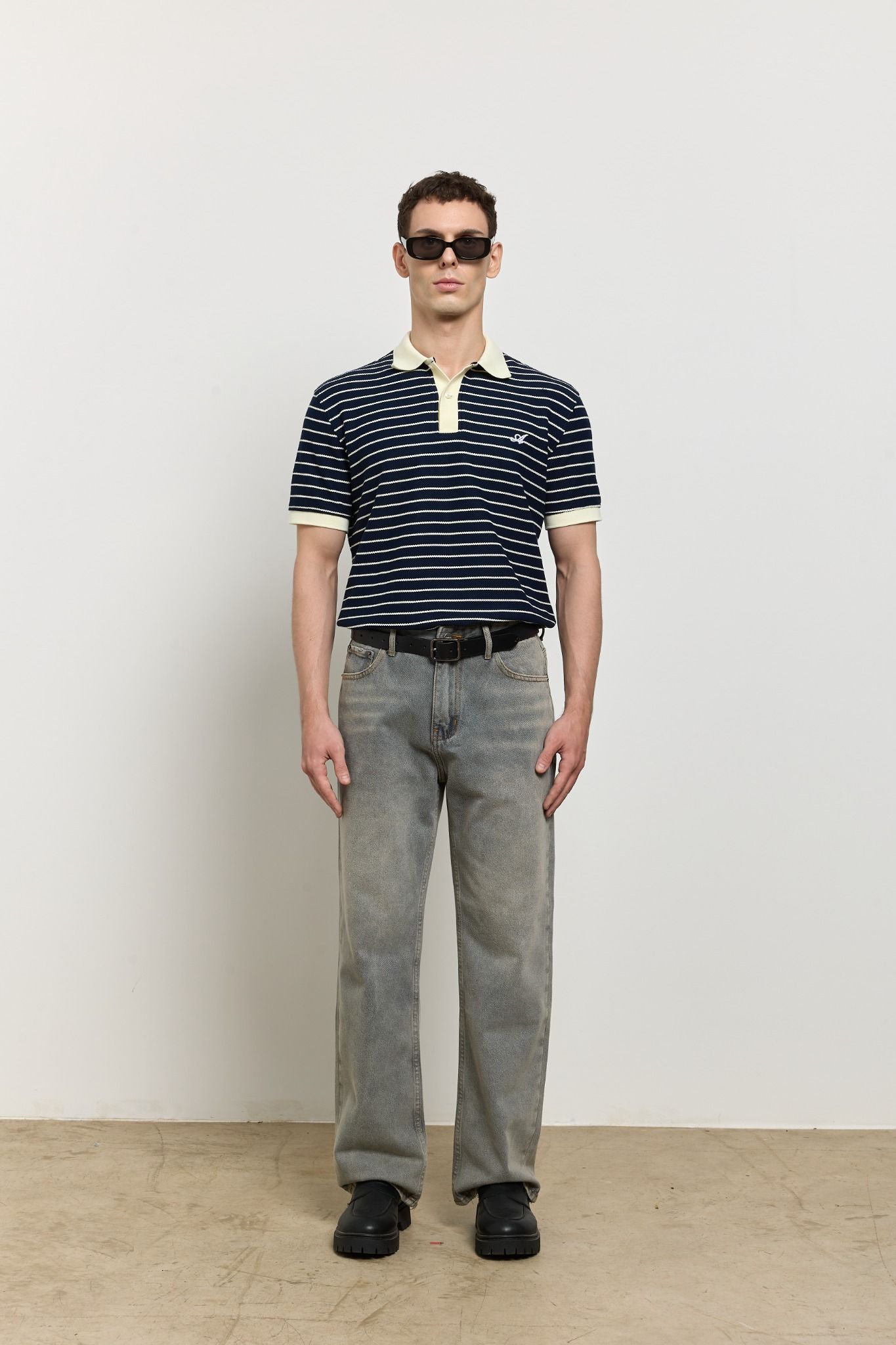 Herringbone Striped Polo Shirt - Navy
