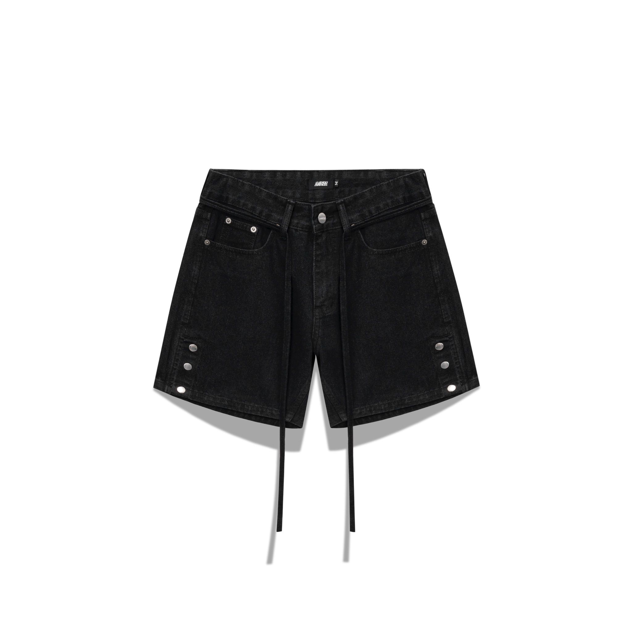 Snap Button Wide Leg Denim Shorts - Black