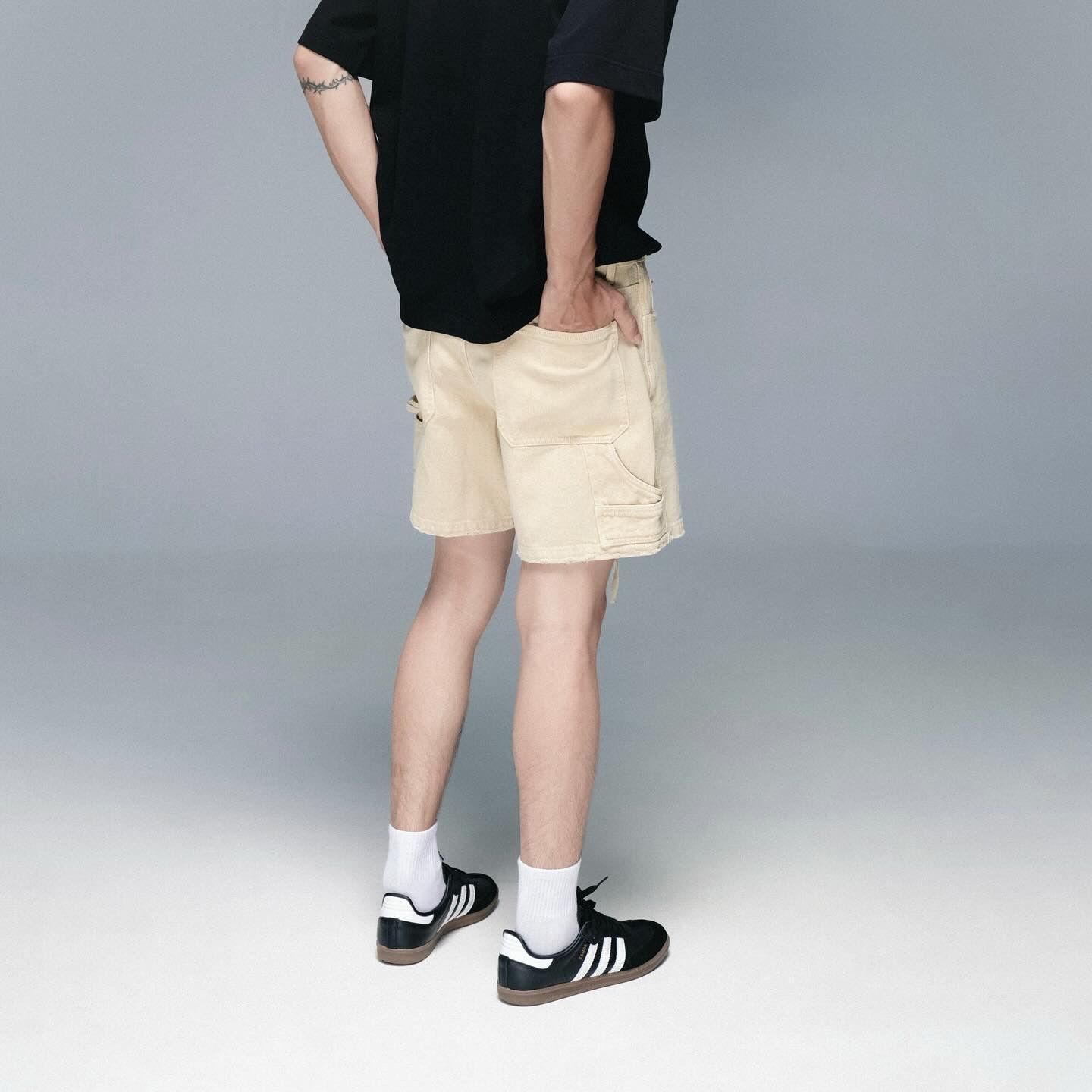 Carpenter Wide Leg Denim Shorts - Beige