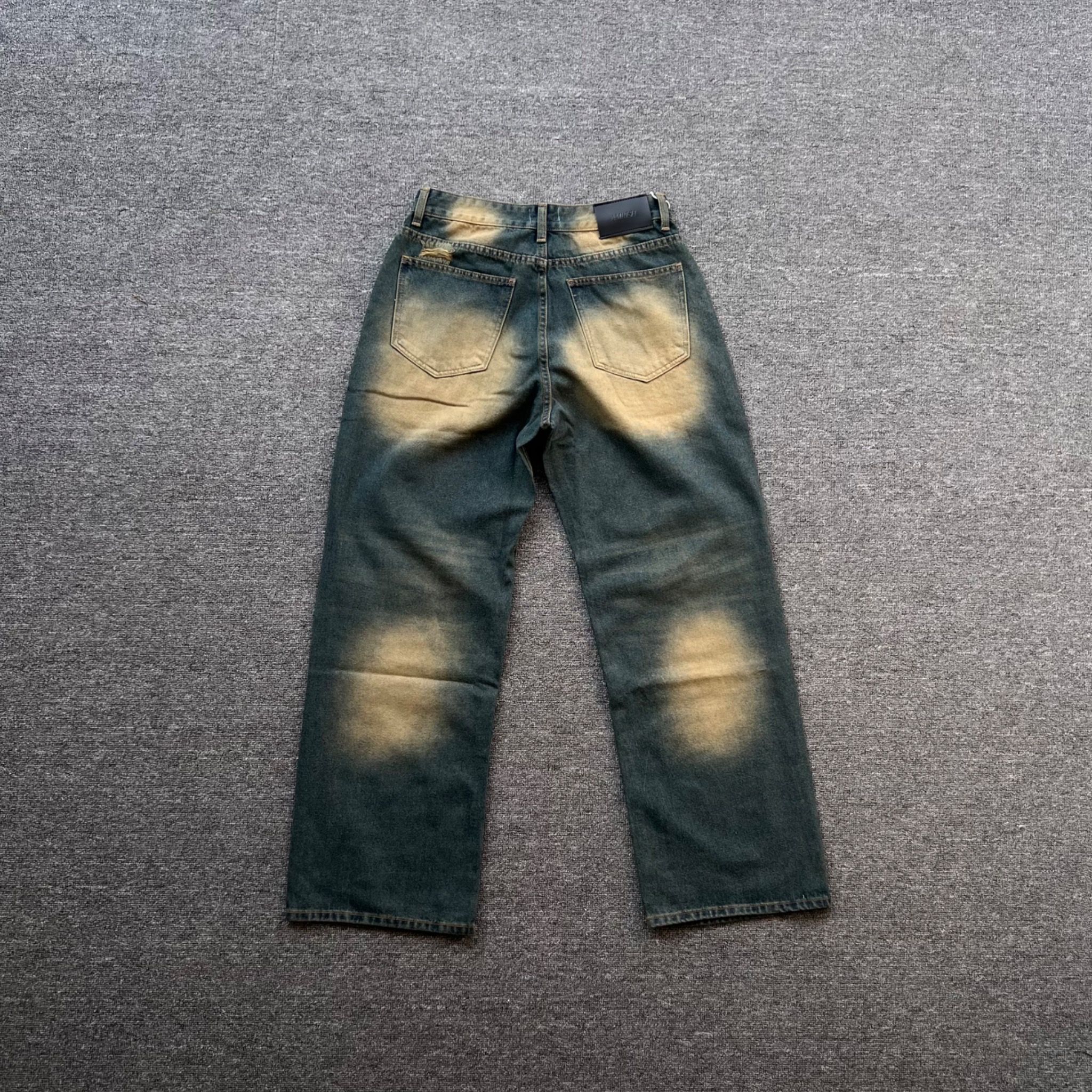 Wide Leg Distress Baggy Jeans - Dirty Blue