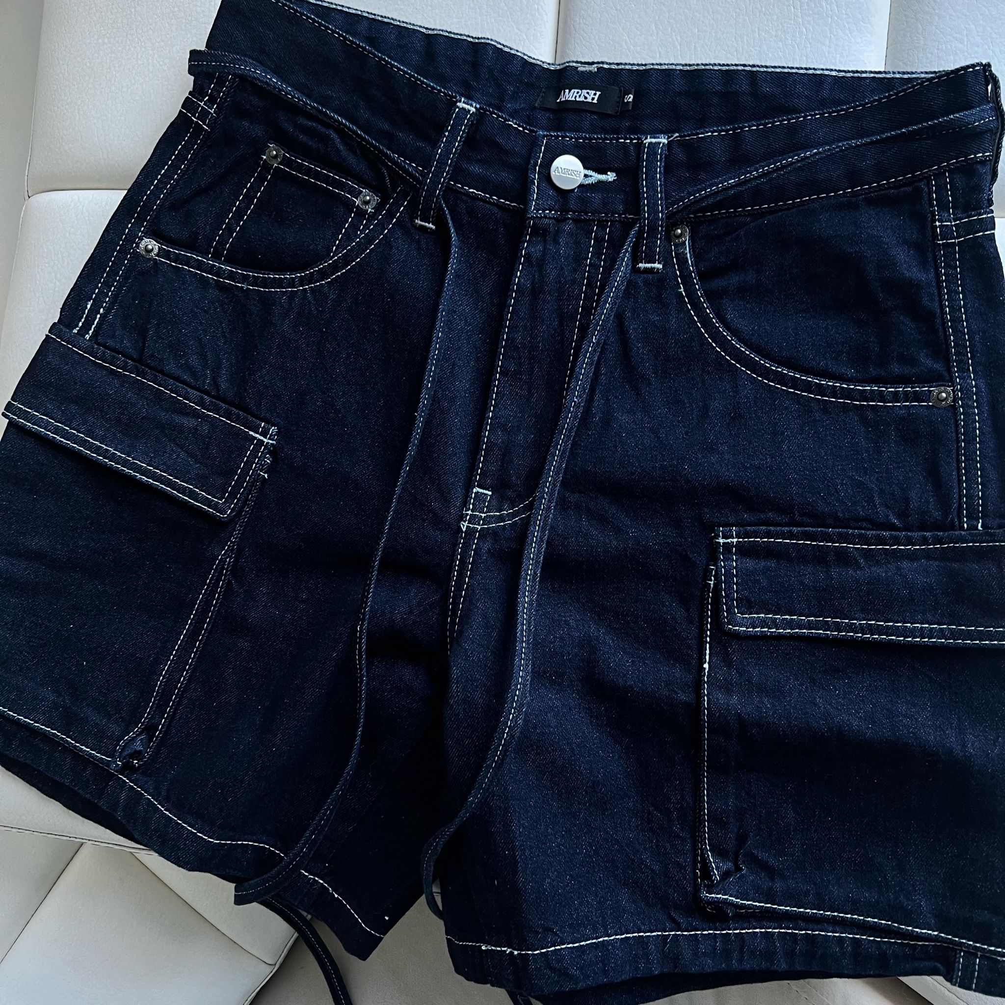 Cargo Wide Leg Denim Shorts - Raw Blue