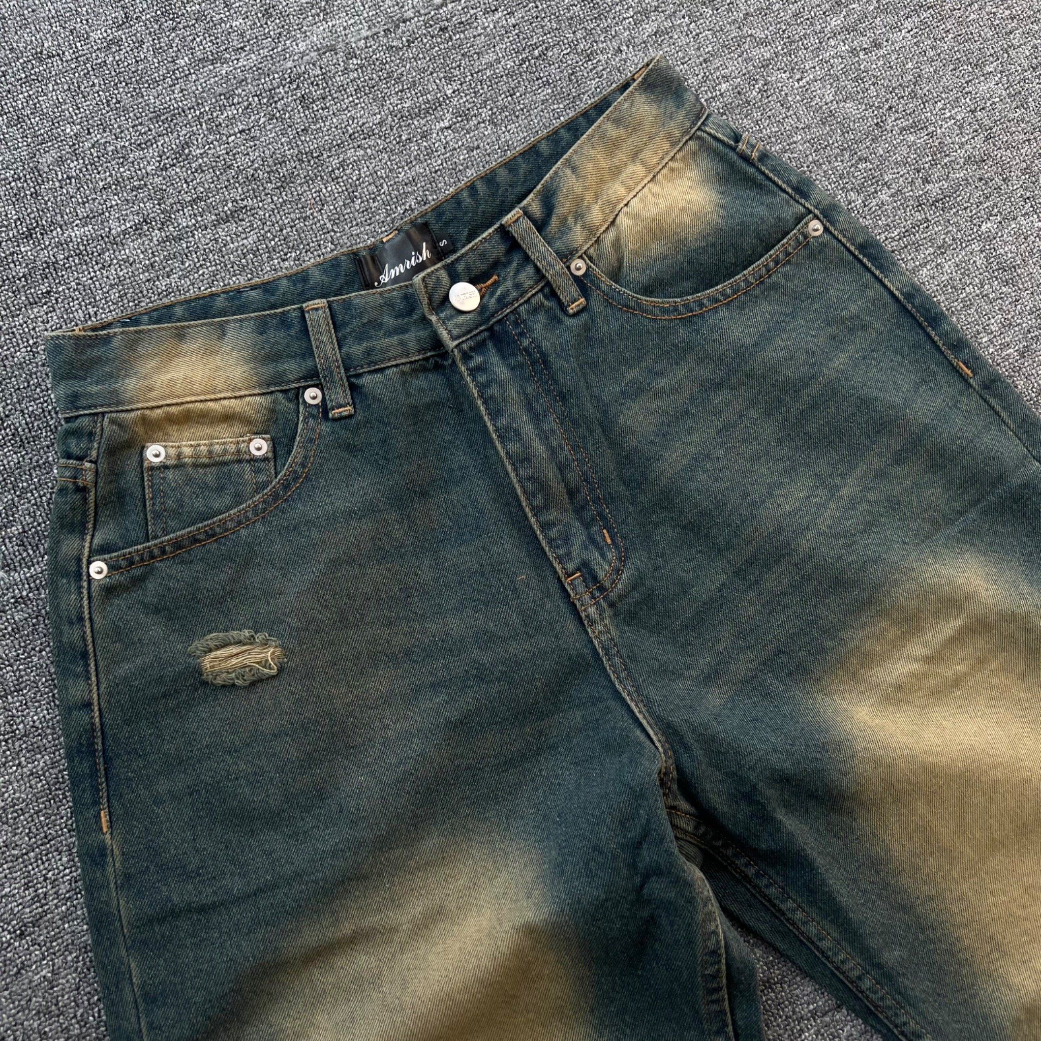 Wide Leg Distress Baggy Jeans - Dirty Blue