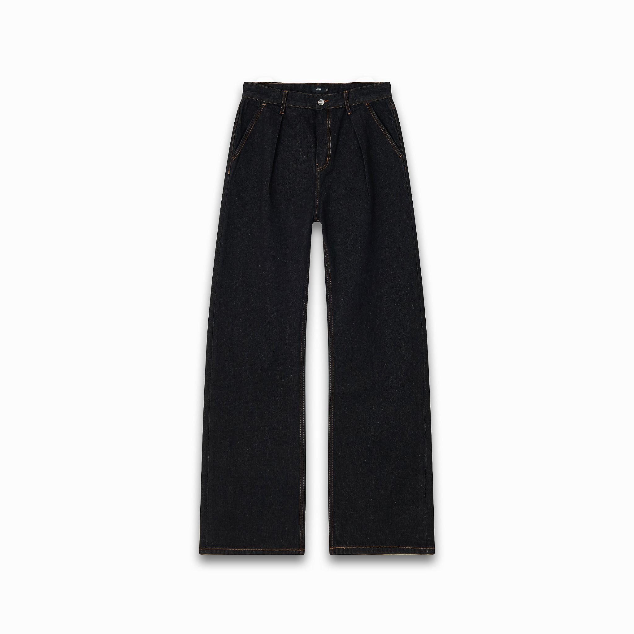 Pleated Straight Denim Jeans - Raw Black