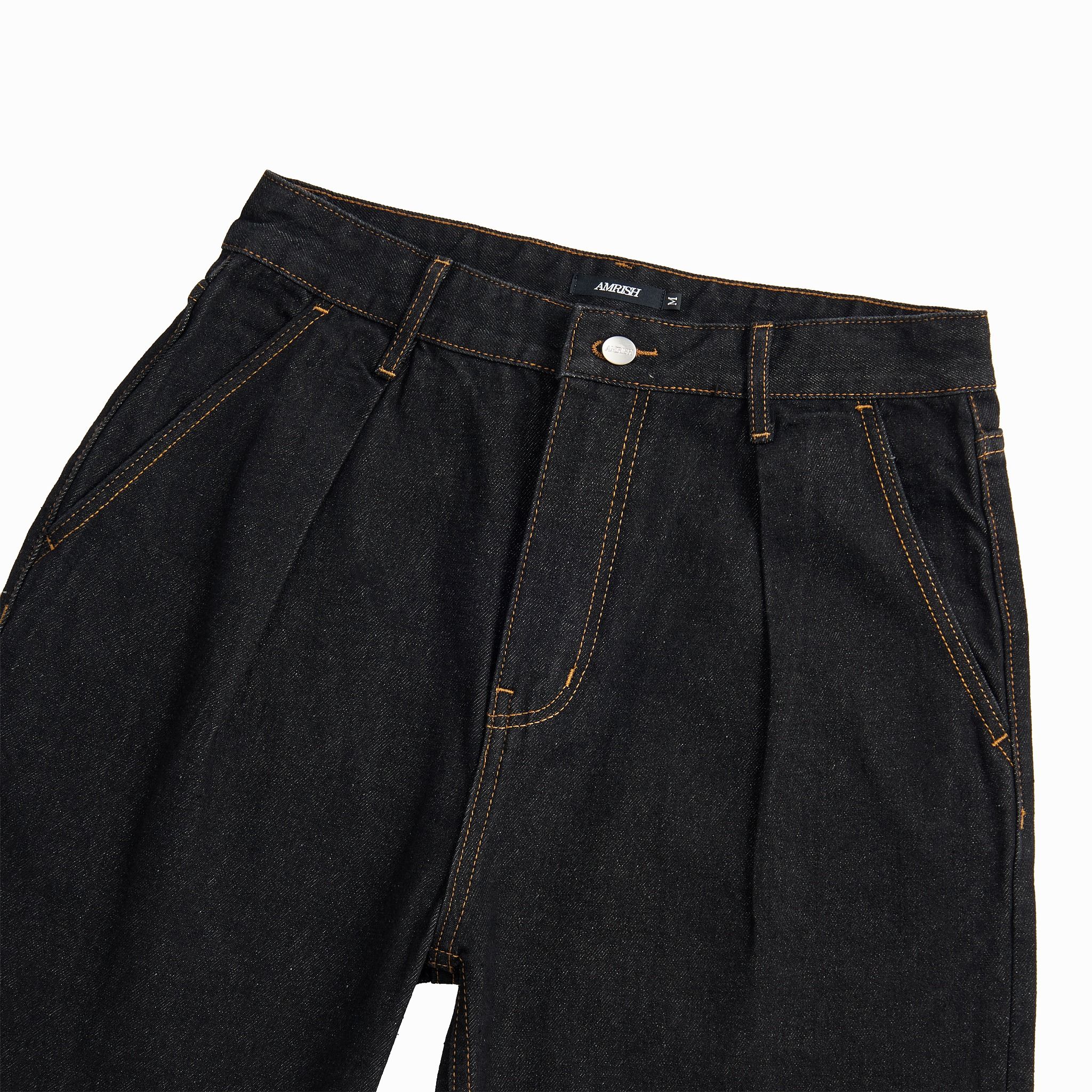 Pleated Straight Denim Jeans - Raw Black