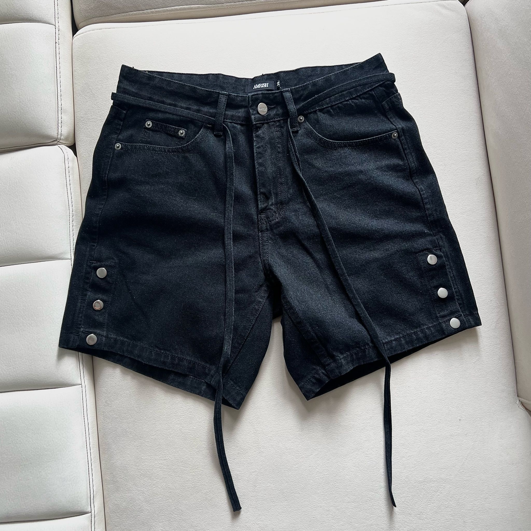 Snap Button Wide Leg Denim Shorts - Black