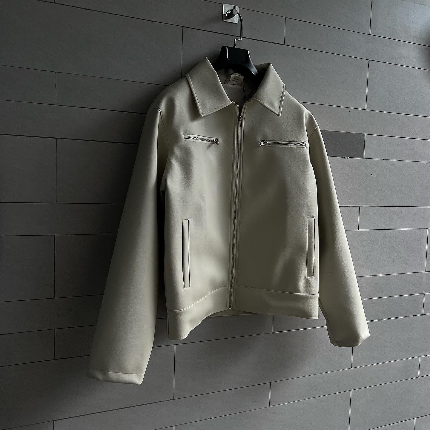 Regular Leather Zip Jacket - Cream