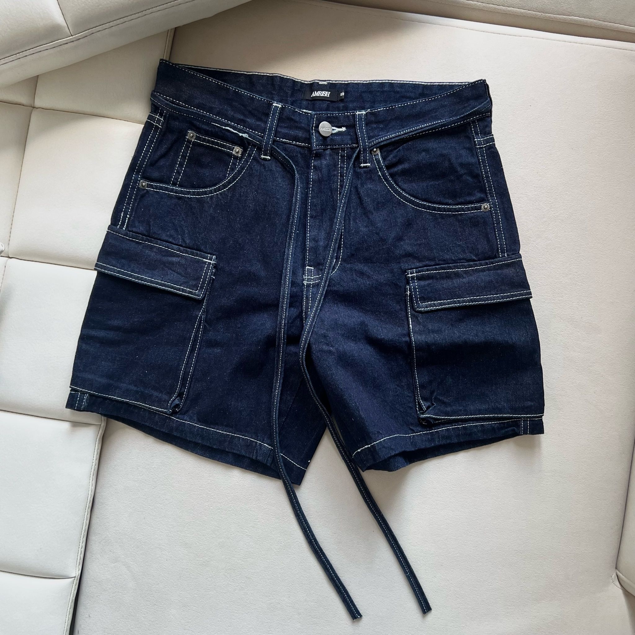 Cargo Wide Leg Denim Shorts - Raw Blue