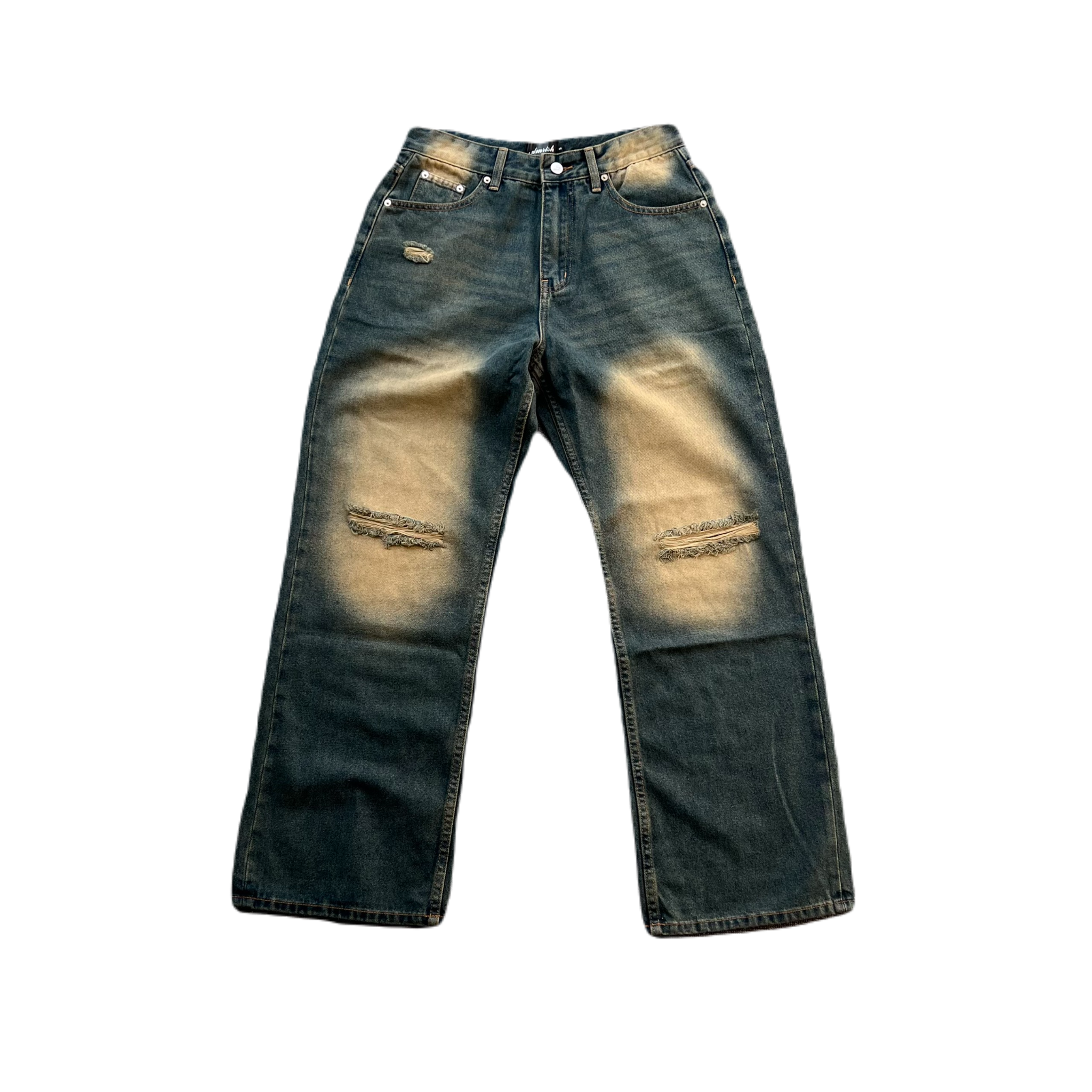 Wide Leg Distress Baggy Jeans - Dirty Blue