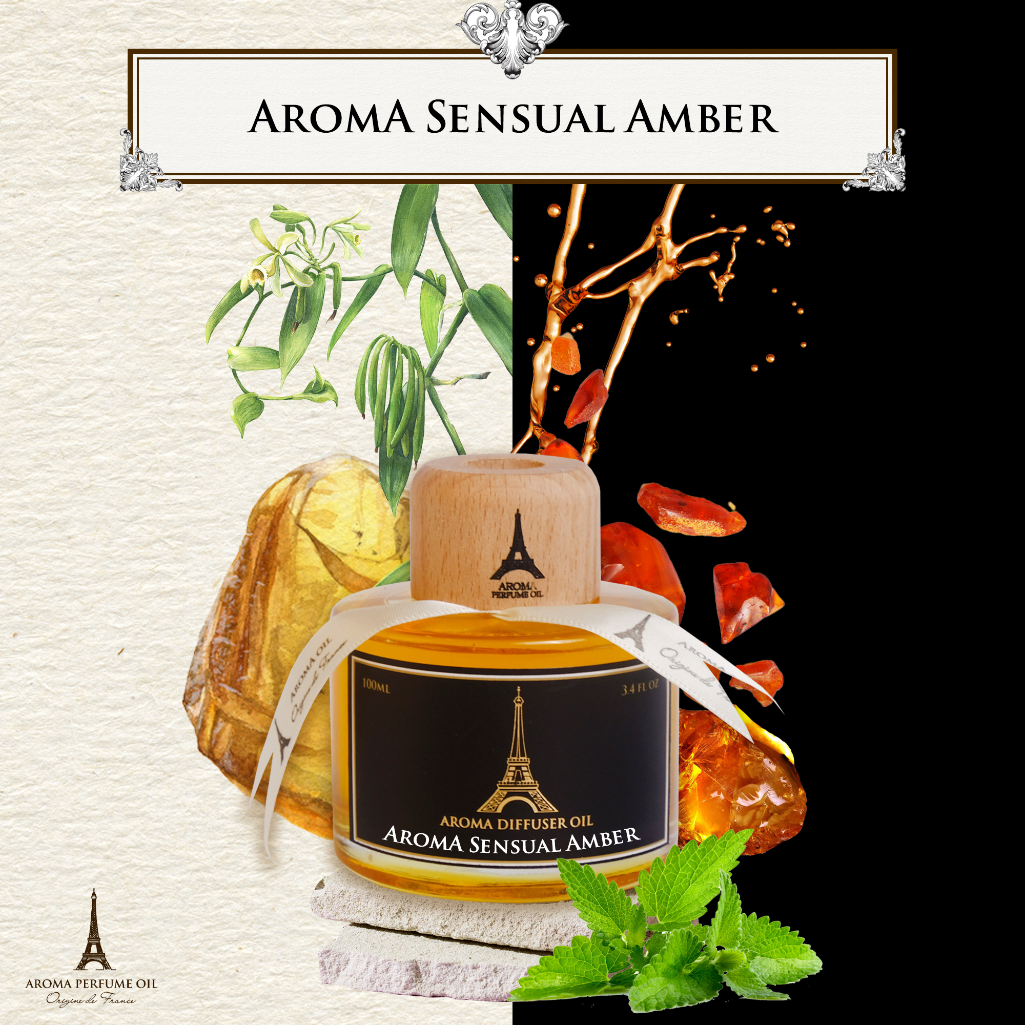 Sensual Amber - Tinh Dầu Thơm Phòng Que Gỗ, Nước Hoa Khuếch Tán Thiên Nhiên 100ml Cao Cấp, Sang Trọng