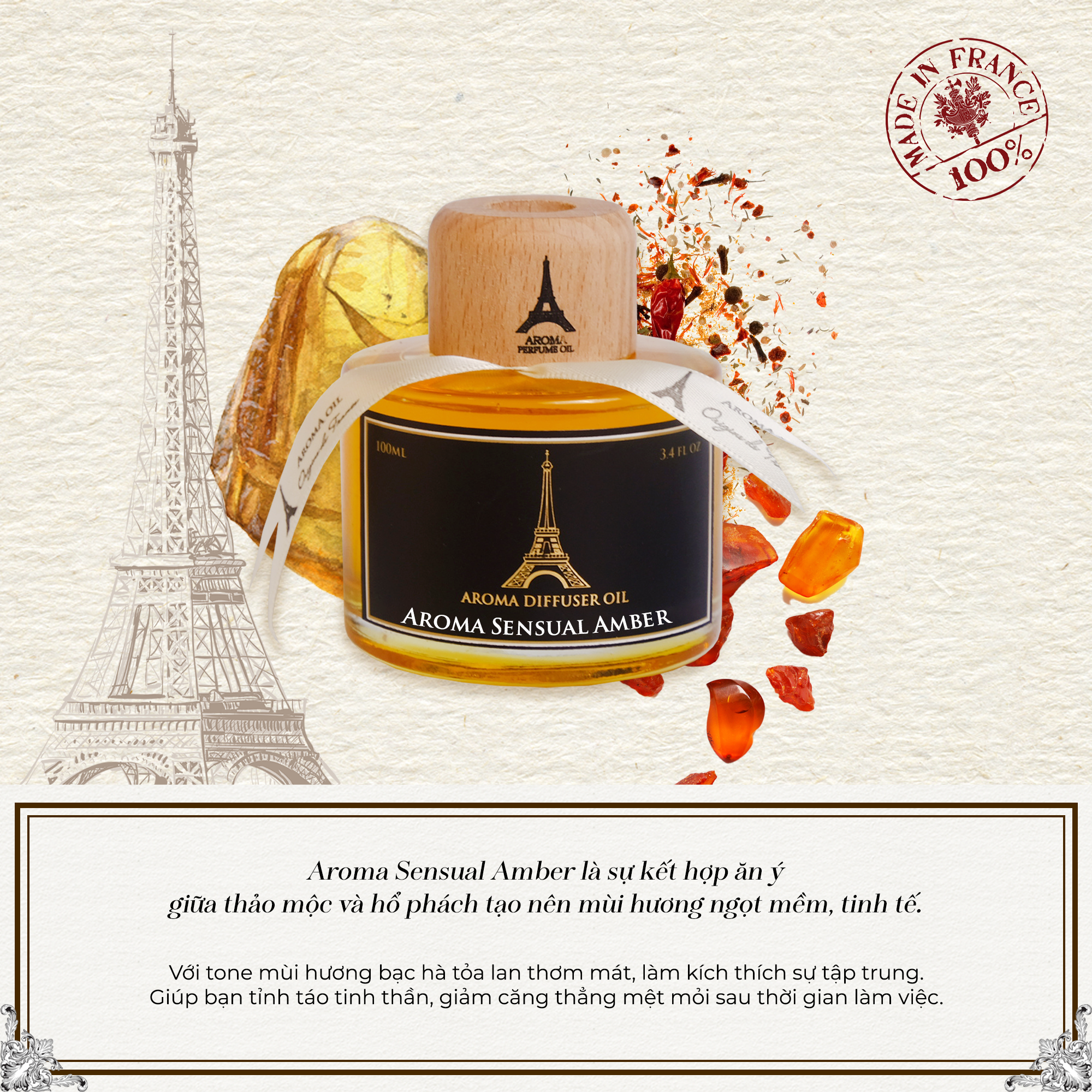 Sensual Amber - Tinh Dầu Thơm Phòng Que Gỗ, Nước Hoa Khuếch Tán Thiên Nhiên 100ml Cao Cấp, Sang Trọng