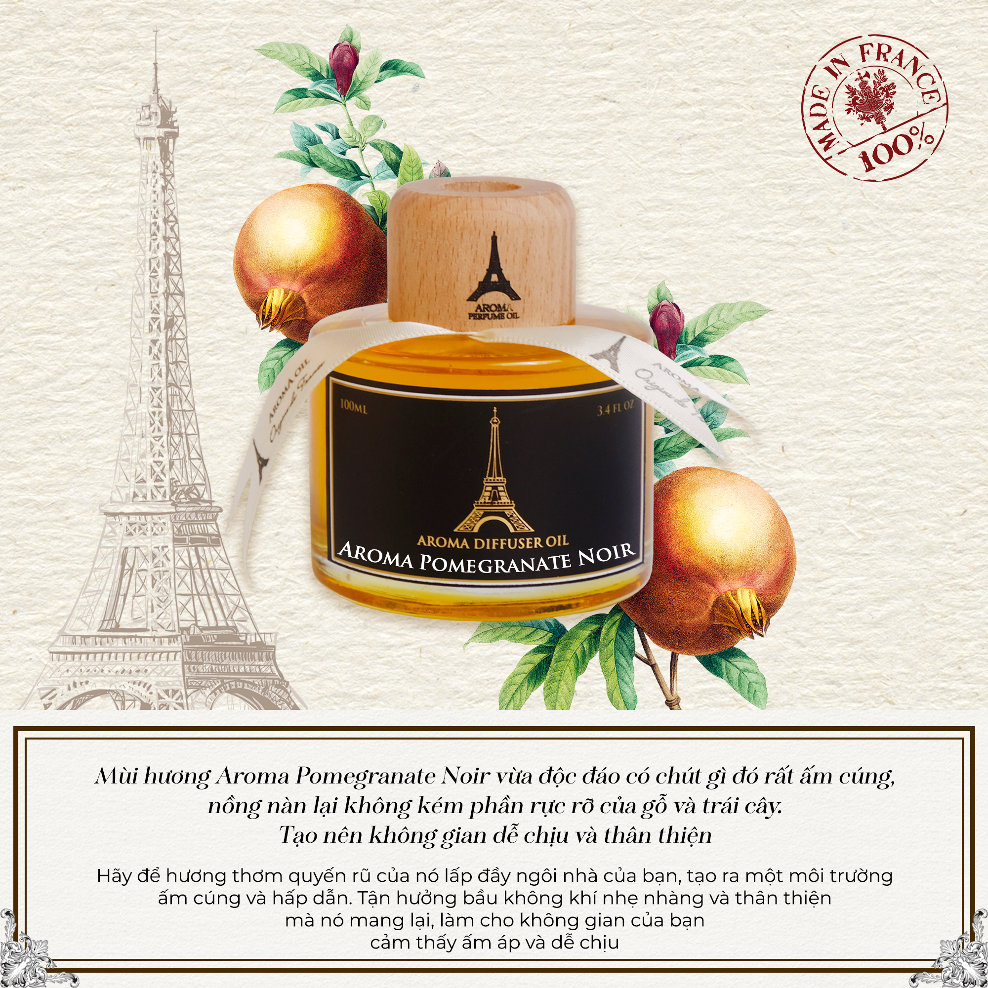Pomegranate Noir - Tinh Dầu Thơm Phòng Que Gỗ, Nước Hoa Tự Khuếch Tán 100ml Cao Cấp, Sang Trọng