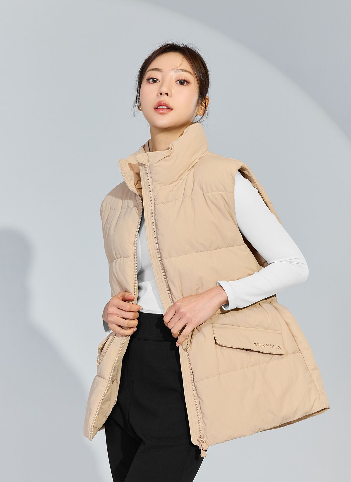  XTFVT03H4- High Neck Over Fit Padded Vest_Dry Beige 