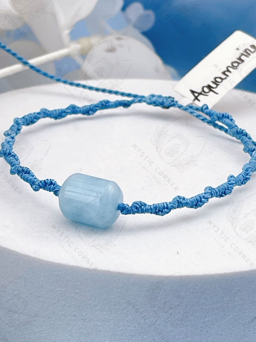 Vòng tay đá phong thuỷ Aquamarine macrame lu thống hỗ trợ luân xa 5, học tập, ý tưởng, giao tiếp, tự tin