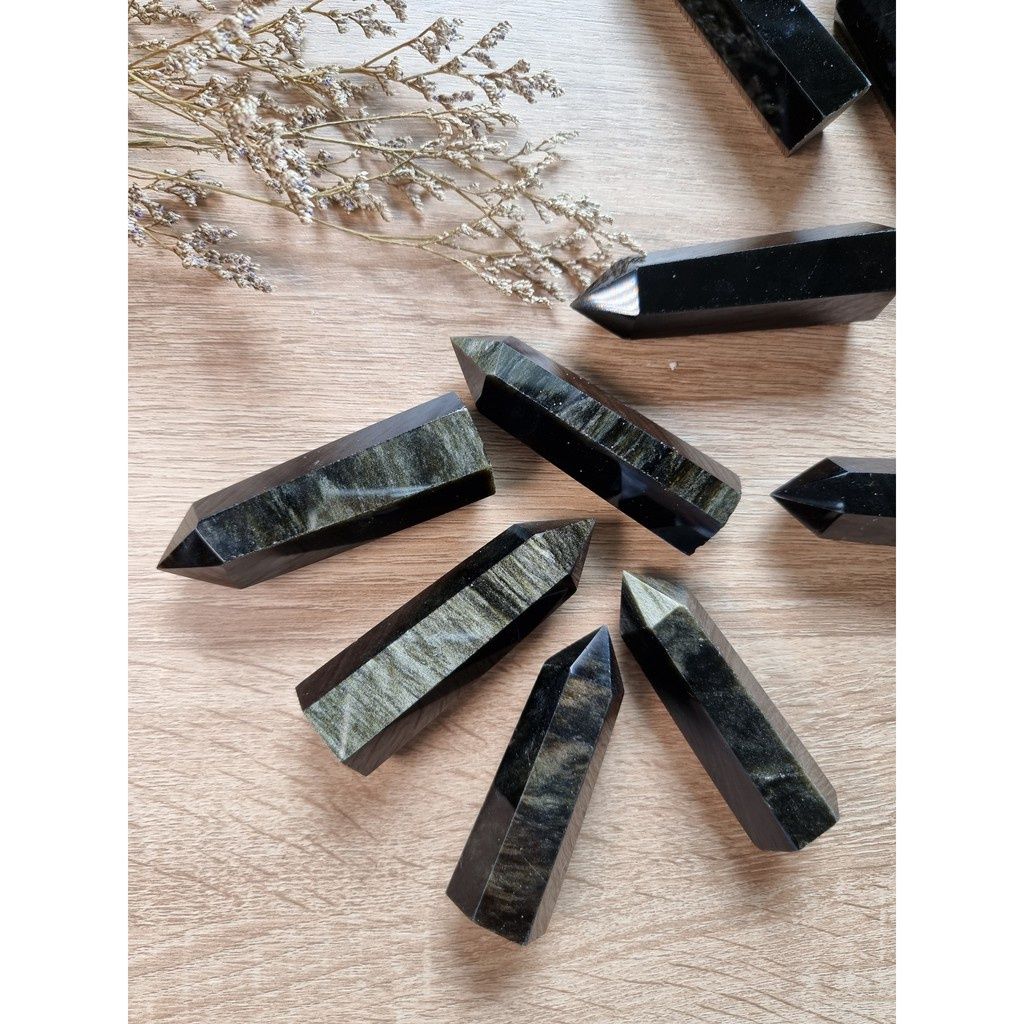 Trụ đá thanh tẩy Black Obsidian Gold Sheen, trụ đá thạch anh dùng trong Tarot, Reiki, đá phong thủy