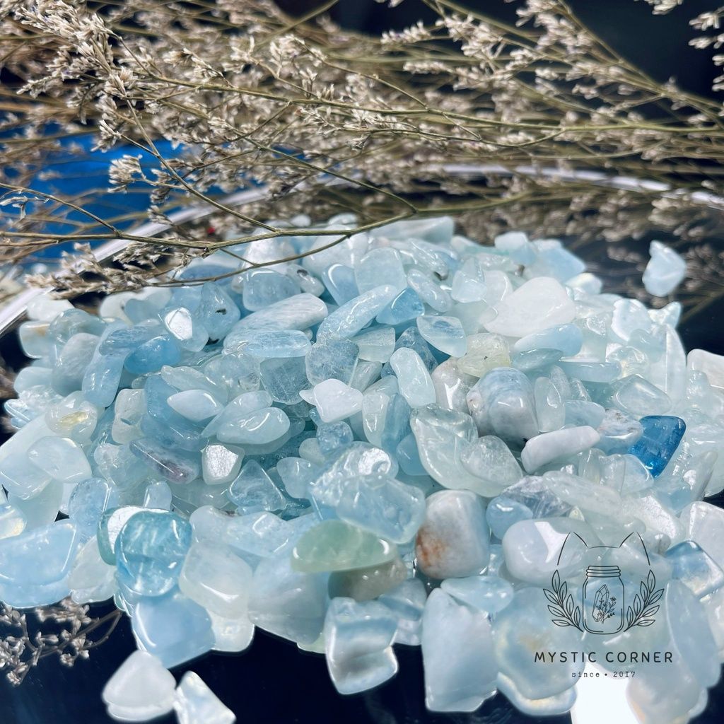 Vụn đá Aquamarine hỗ trợ học tập, luân xa 5, đá thanh tẩy, đá thạch anh, đá phong thuỷ