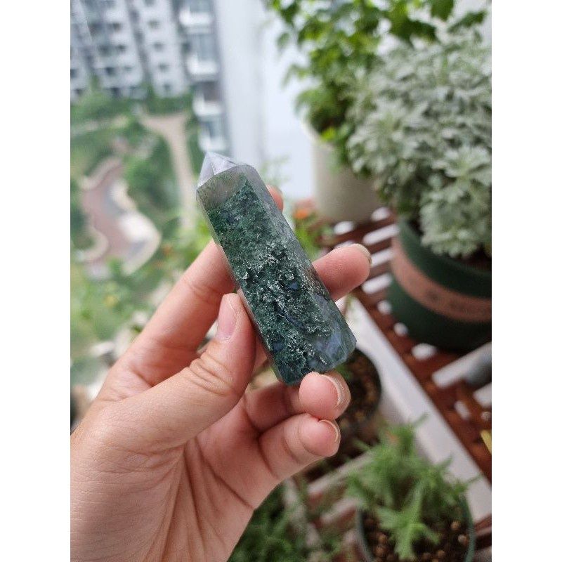 Trụ đá thanh tẩy Moss Agate (mã não rêu), trụ đá phong thủy dùng trong Tarot, Reiki, thiền định