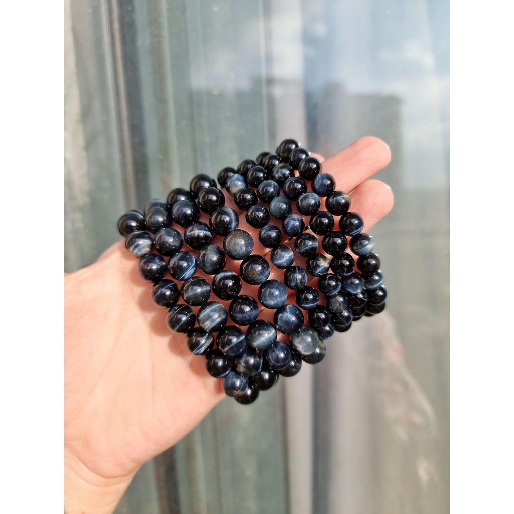 Vòng hạt đá phong thủy Mắt hổ xanh, Mắt chim ưng (Blue Tiger's Eye) size 8 - 10li