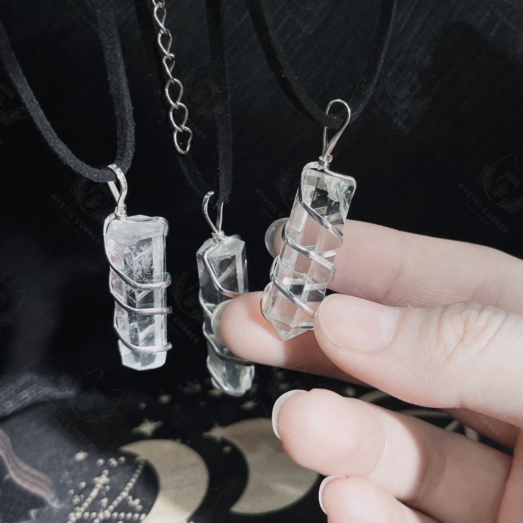 Dây chuyền đá thạch anh Trắng quấn bạc S925, đá phong thuỷ Clear Quartz, vòng đá bảo vệ, vòng đá năng lượng
