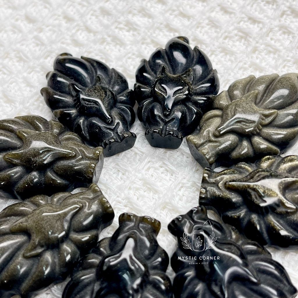 Mặt dây chuyền Hồ Ly 9 đuôi đá Obsidian Gold Sheen tự nhiên