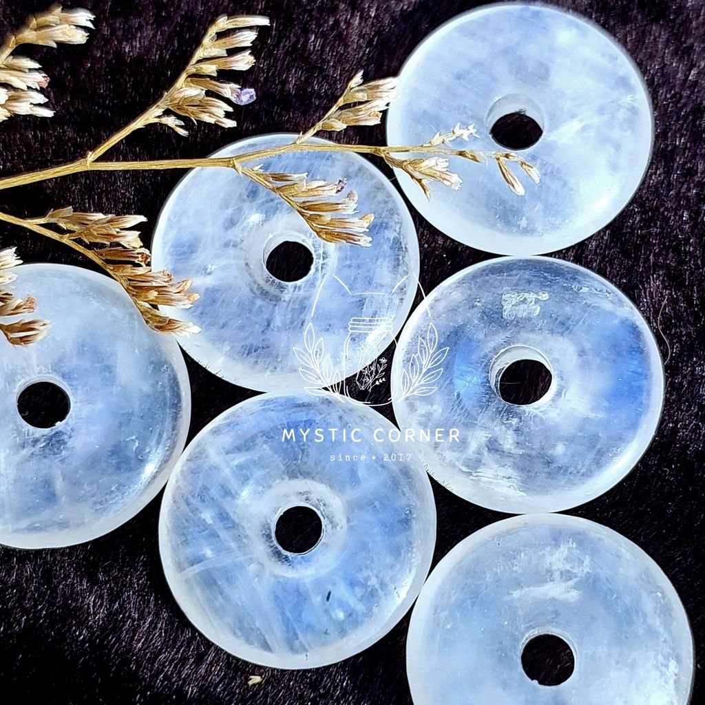 Đồng điếu Moonstone (đá Mặt Trăng) chất trong, ánh lửa xanh chất lượng cao, dùng làm trang sức, phong thủy, Reiki