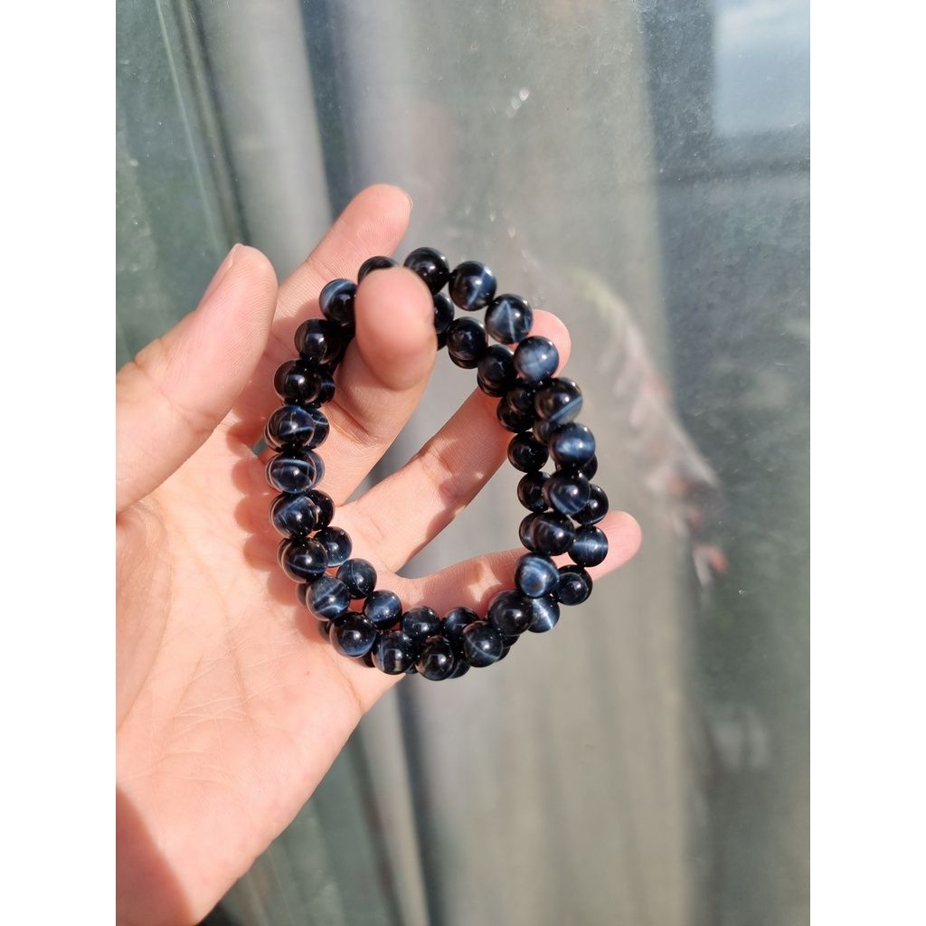 Vòng hạt đá phong thủy Mắt hổ xanh, Mắt chim ưng (Blue Tiger's Eye) size 8 - 10li