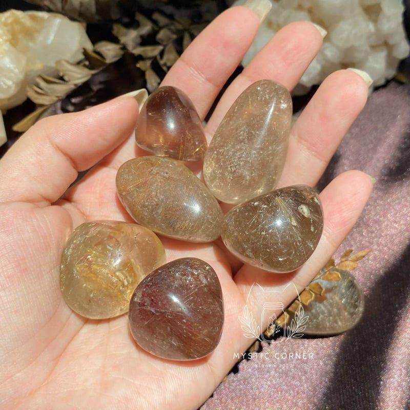 Viên đá thạch anh tóc (rutilated quartz tumbled), đá phong thuỷ, tài lộc