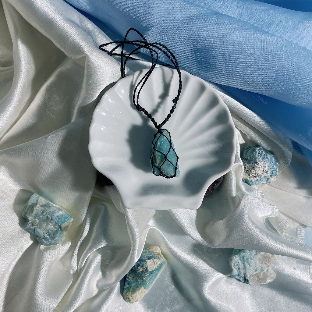 Vòng cổ, vòng tay đan macrame đá thô Aquamarine, dây chuyền đá phong thuỷ hỗ trợ sự tự tin, giao tiếp, luân xa 5