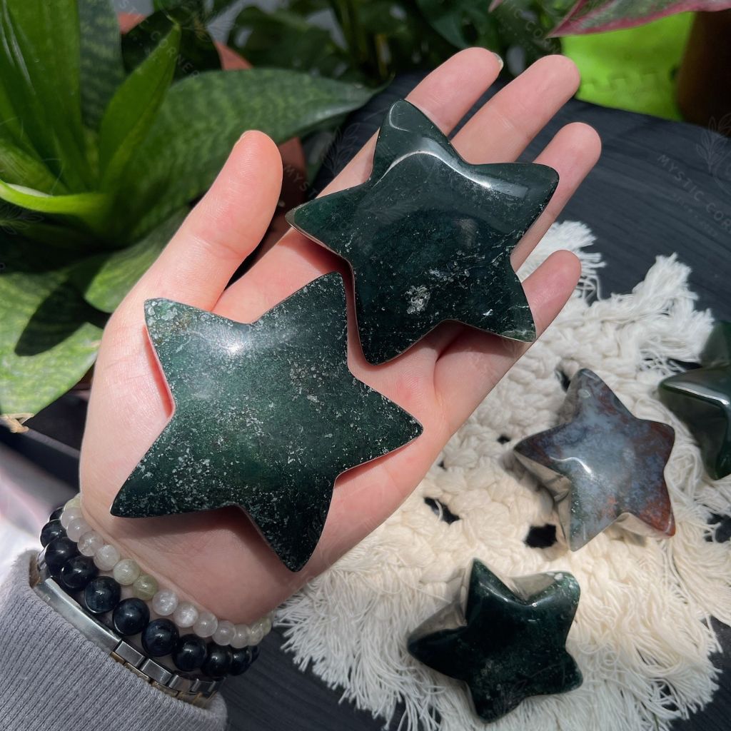 Tim, Sao, Trăng đá mã não rêu (Moss Agate) tự nhiên dùng thanh tẩy Tarot, đá phong thuỷ, Reiki, thiền định