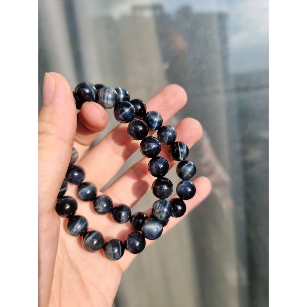 Vòng hạt đá phong thủy Mắt hổ xanh, Mắt chim ưng (Blue Tiger's Eye) size 8 - 10li