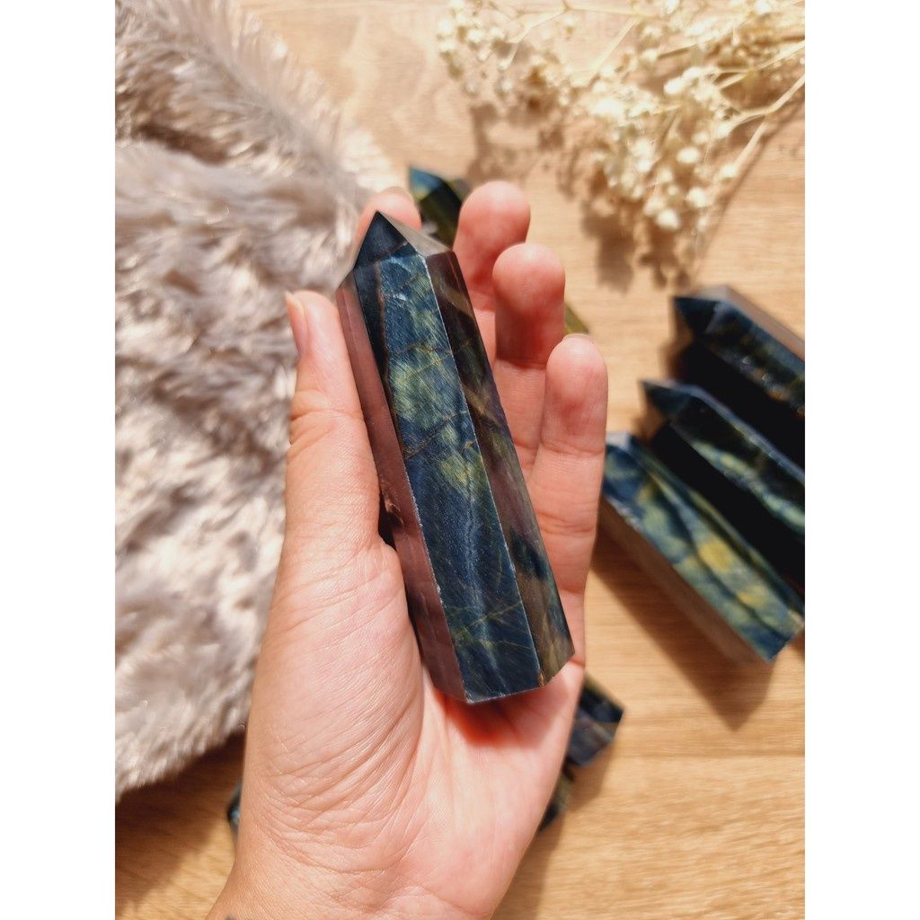Trụ đá thanh tẩy Mắt Hổ Xanh (Blue Tiger's Eye), trụ đá thạch anh dùng trong bài Tarot, thiền định, Reiki, đá phong thủy