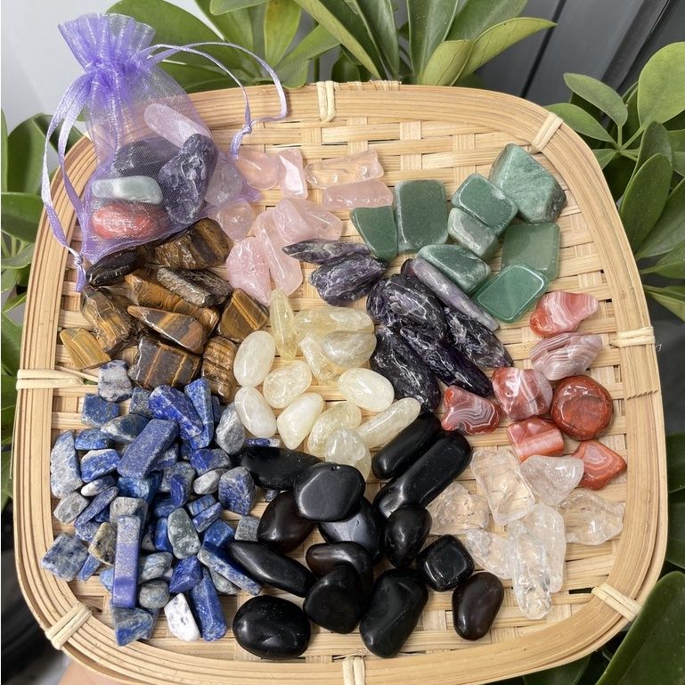Túi 9 viên đá thach anh, đá thanh tẩy bài Tarot, đá phong thuỷ hỗ trợ may mắn, quà tặng