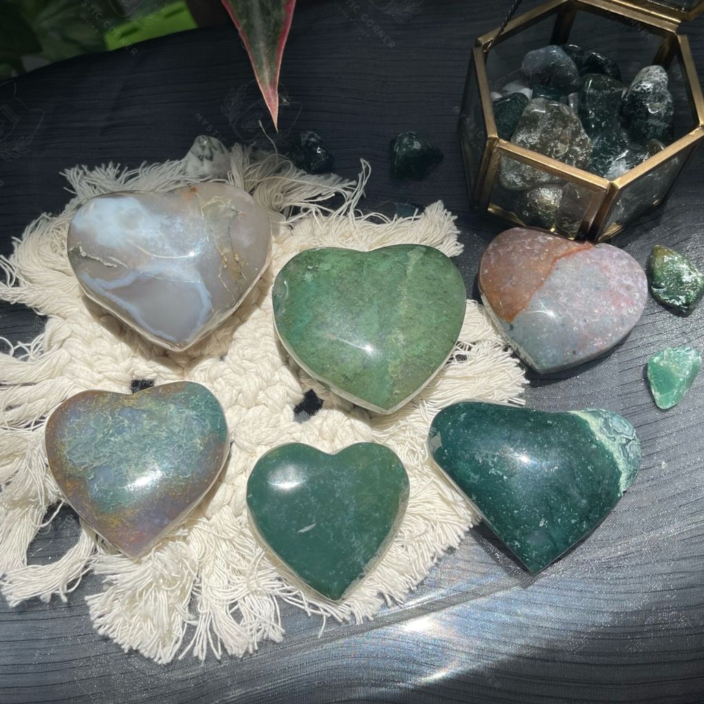Tim, Sao, Trăng đá mã não rêu (Moss Agate) tự nhiên dùng thanh tẩy Tarot, đá phong thuỷ, Reiki, thiền định
