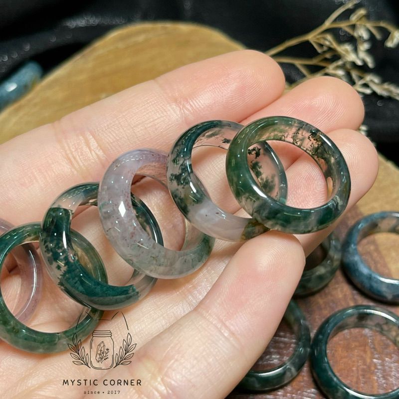 Nhẫn rêu Băng Ngọc Thuỷ Tảo (Moss Agate) đá mã não, đá phong thuỷ