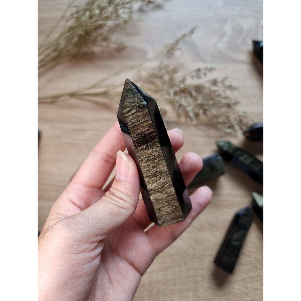 Trụ đá thanh tẩy Black Obsidian Gold Sheen, trụ đá thạch anh dùng trong Tarot, Reiki, đá phong thủy