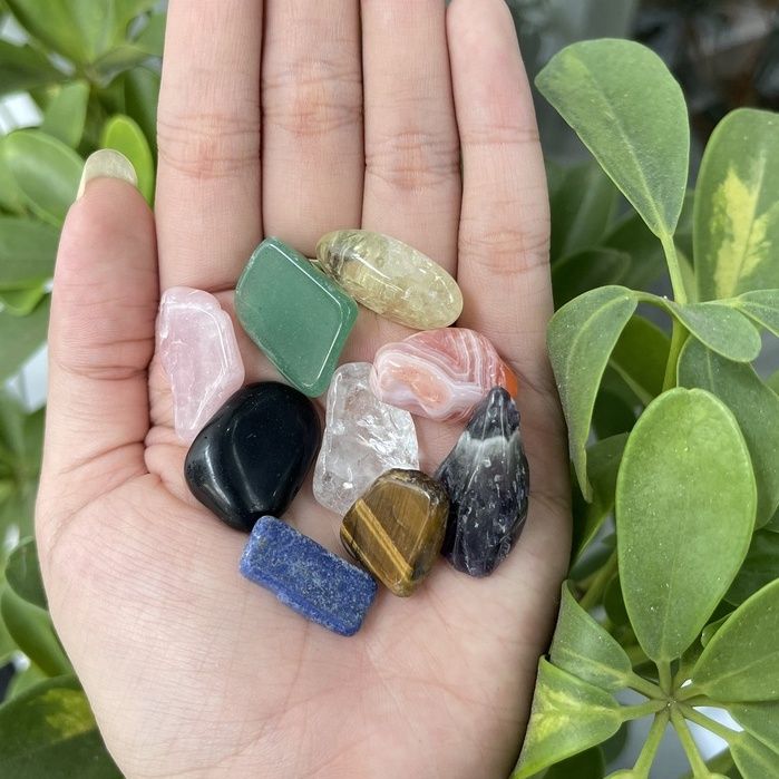 Túi 9 viên đá thach anh, đá thanh tẩy bài Tarot, đá phong thuỷ hỗ trợ may mắn, quà tặng