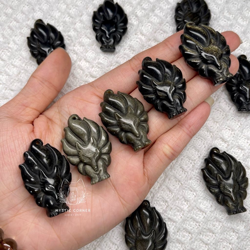 Mặt dây chuyền Hồ Ly 9 đuôi đá Obsidian Gold Sheen tự nhiên