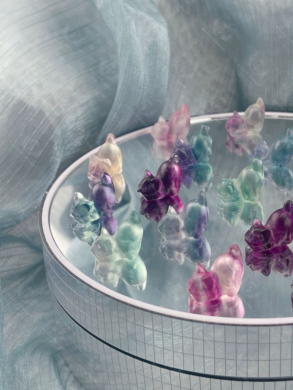 Tượng mèo mini đá Fluorite đa sắc dùng trưng bày, đá phong thuỷ, đá thanh tẩy Tarot
