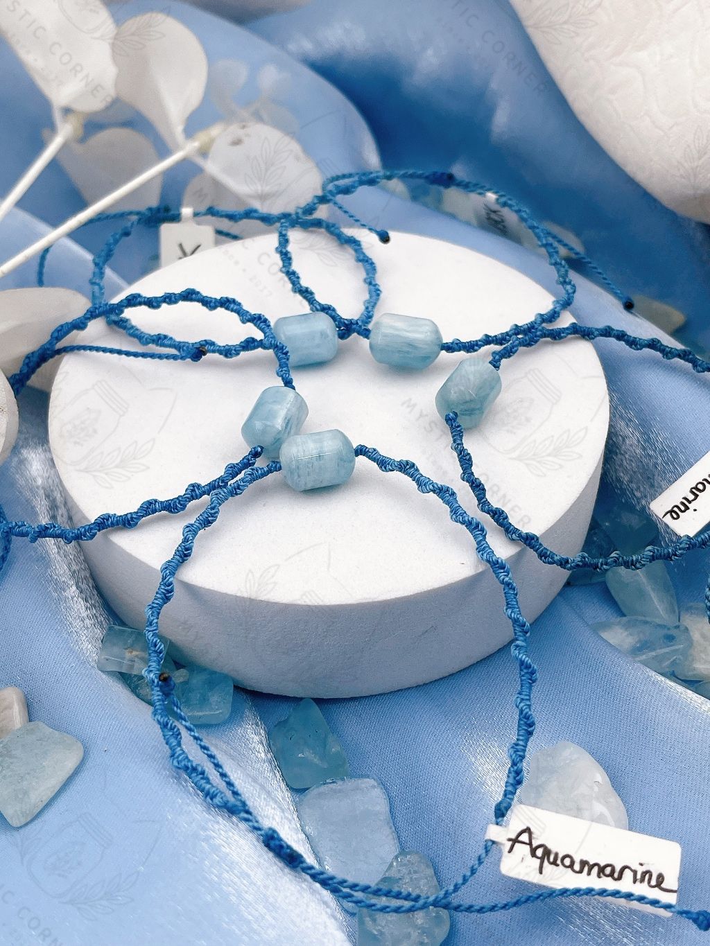 Vòng tay đá phong thuỷ Aquamarine macrame lu thống hỗ trợ luân xa 5, học tập, ý tưởng, giao tiếp, tự tin