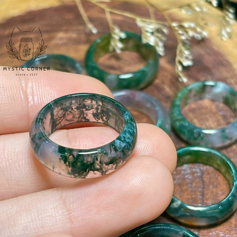 Nhẫn rêu Băng Ngọc Thuỷ Tảo (Moss Agate) đá mã não, đá phong thuỷ