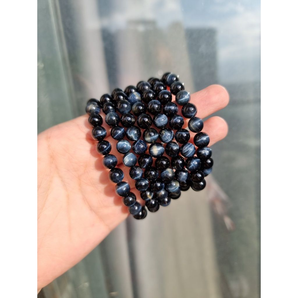 Vòng hạt đá phong thủy Mắt hổ xanh, Mắt chim ưng (Blue Tiger's Eye) size 8 - 10li