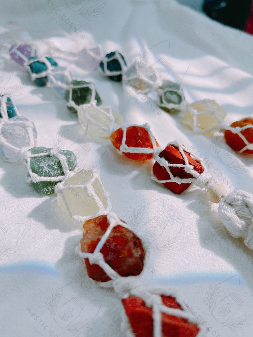 Dây treo đá thạch anh thô 7 luân xa kèm thanh Selenite, đá thanh tẩy, reiki