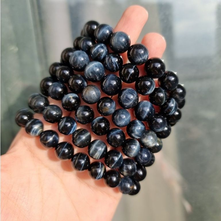 Vòng hạt đá phong thủy Mắt hổ xanh, Mắt chim ưng (Blue Tiger's Eye) size 8 - 10li